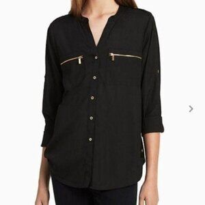 Calvin Klein Black Shirt Blouse Top Button Up Tab Sleeves WOMAN'S Women's Small